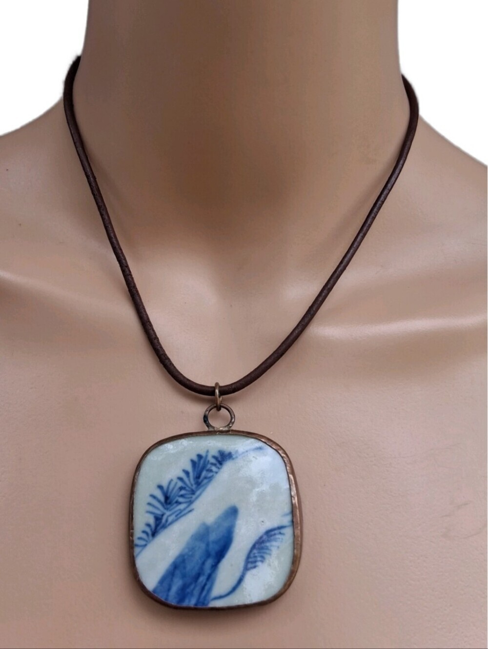Antique Blue White China Shard Necklace Chinoiserie 1800s Porcelain Leather